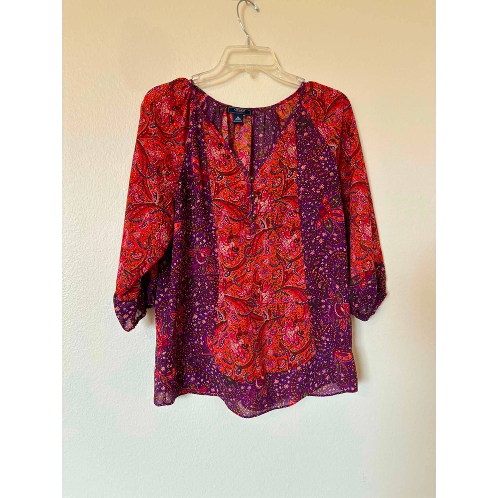 Chaps Denim Womens Medium Purple Red Paisley Floral Boho V-Neck Peasant Blouse